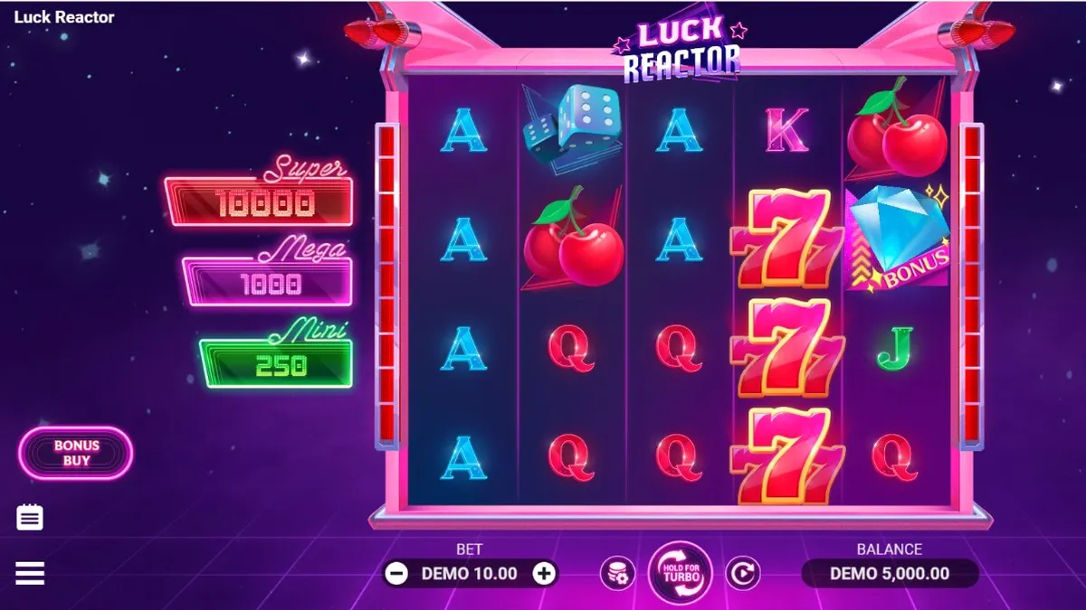 Interface futurista do slot Luck Reactor com elementos neon e símbolos clássicos