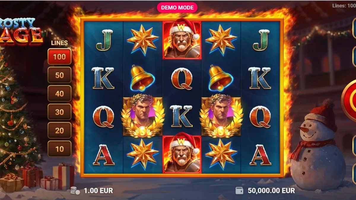 Interface do slot Frosty Rage com tema de gladiador natalino