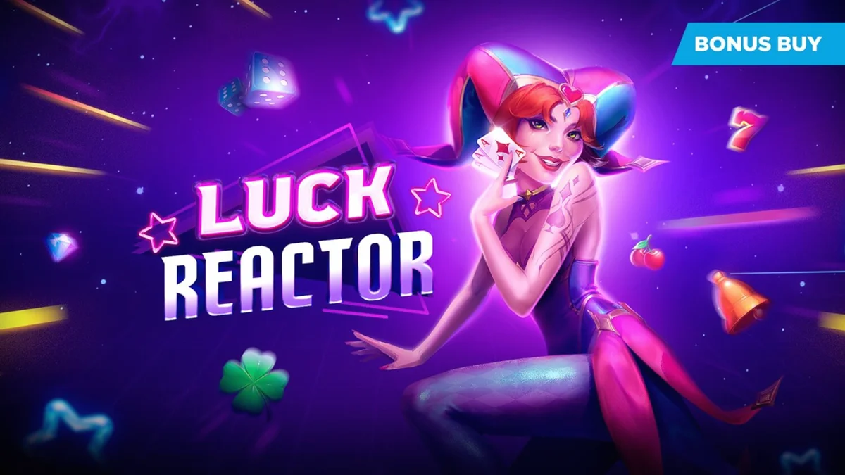 Interface futurista e neon do slot Luck Reactor com símbolos clássicos e elementos espaciais.