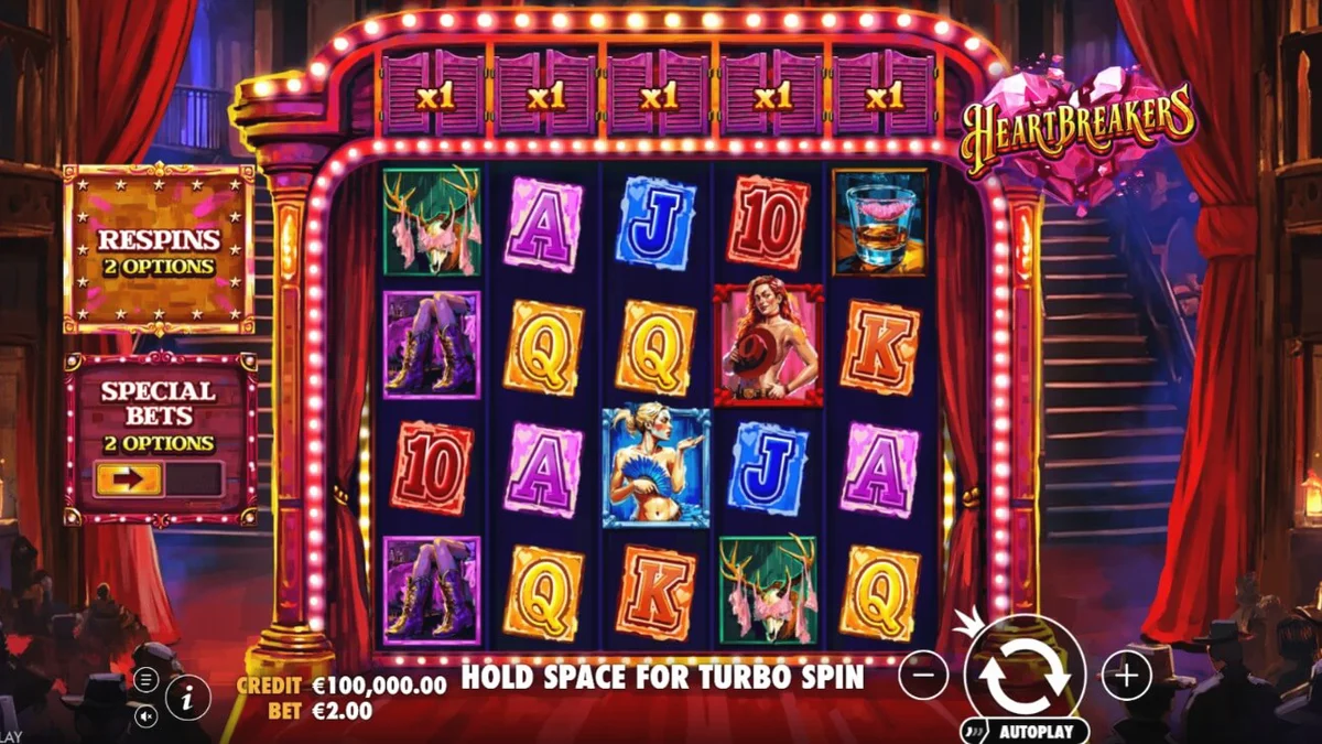 Cena de jogo do slot Heartbreakers com estética burlesca e faroeste